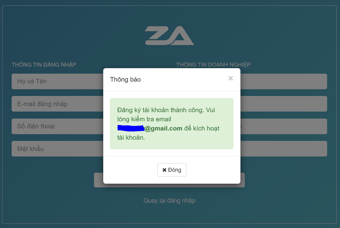 dang ky tai khoan thanh cong